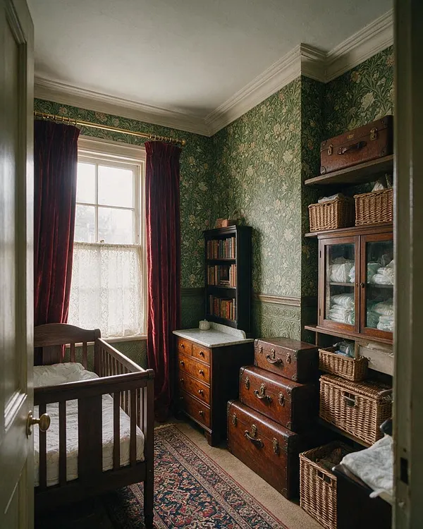 A narrow Victorian-style nursery with a dark wood crib beside a tall window dressed in burgundy velvet curtains and lace sheers. Floral green wallpaper, stacked leather trunks, wicker baskets, and a glass-front cabinet create a richly layered, antique-inspired room.