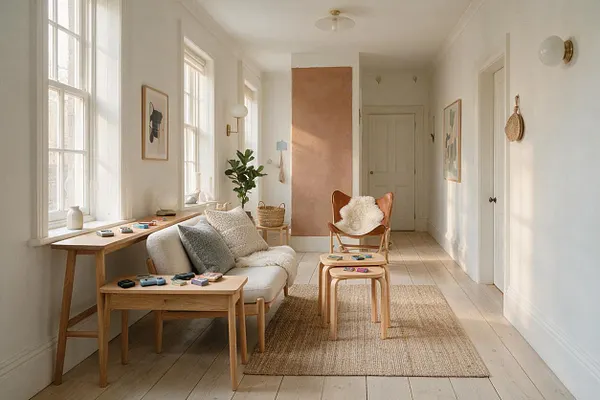 A sunlit Scandinavian game room with white walls, tall windows, and pale wood floors. The space includes a small sofa, nesting tables with game pieces, a leather accent chair, woven rug, and simple wall art in soft neutral tones.