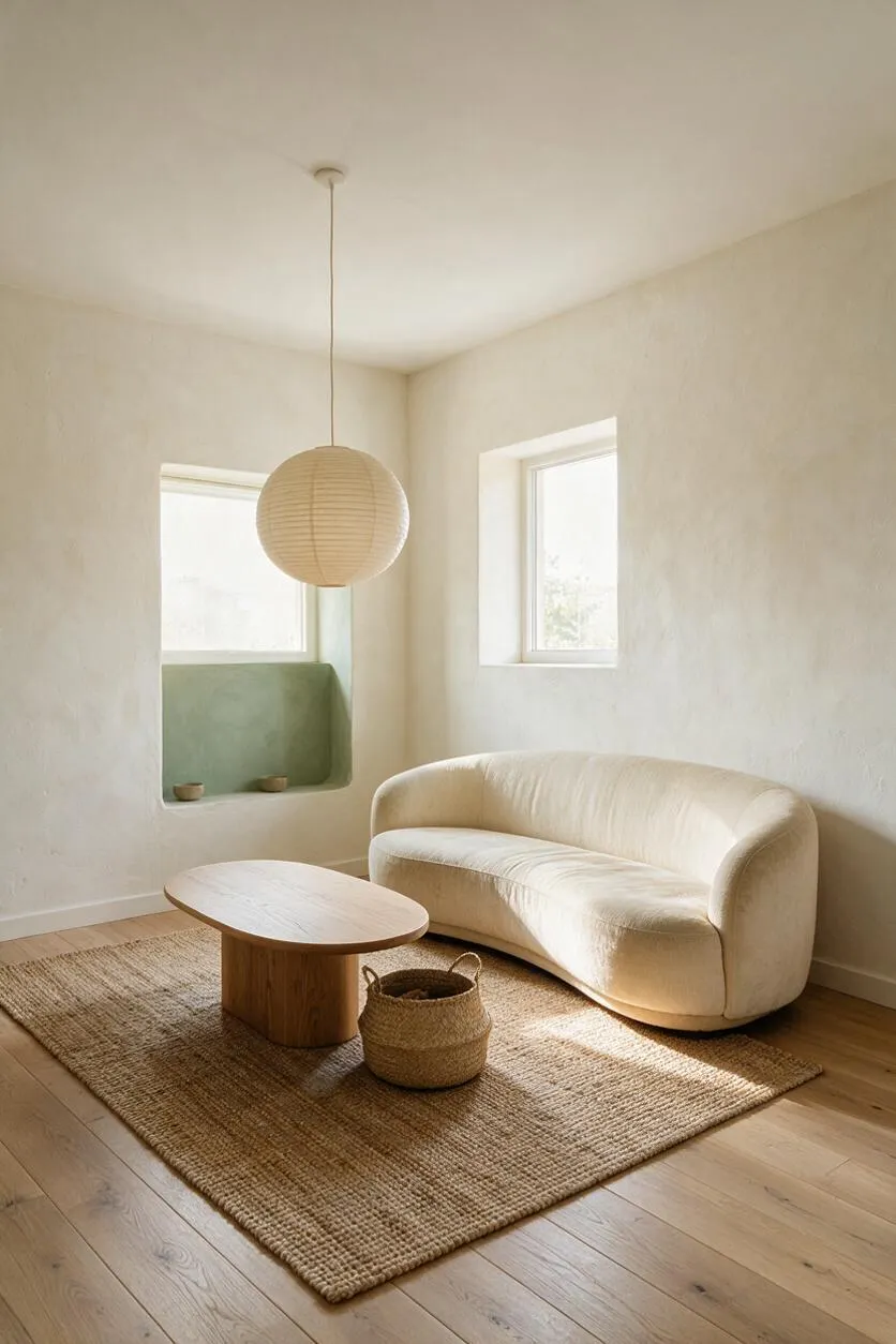 A serene living room with off-white plaster walls, two small square windows, and a rounded cream sofa. A paper lantern pendant hangs above an oval wood coffee table on a natural woven rug, with light oak flooring and a woven basket adding texture.