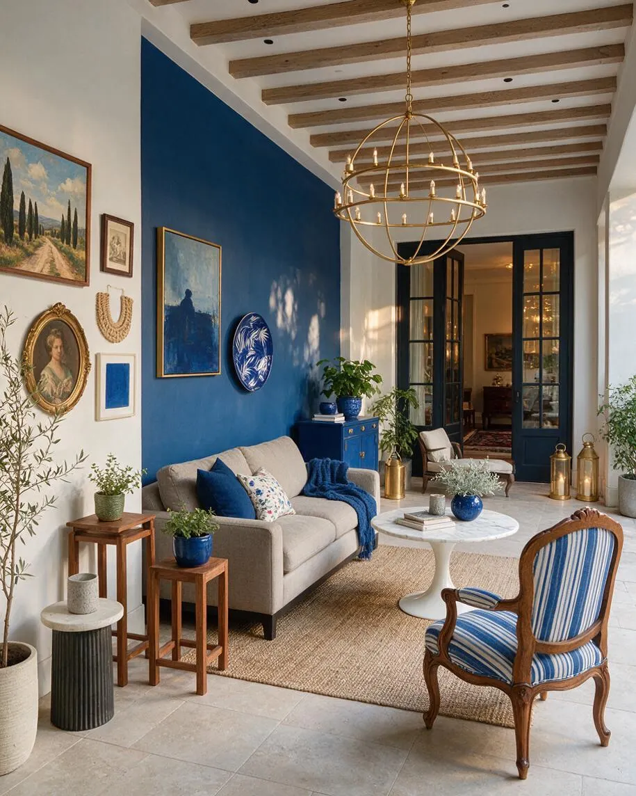 An eclectic covered patio with a deep blue accent wall, a beige sofa, a striped upholstered armchair, and a white pedestal coffee table on a woven jute rug. The ceiling features exposed wood beams and a brass spherical chandelier, while framed artwork, potted plants, lanterns, and dark French doors add layered character.
