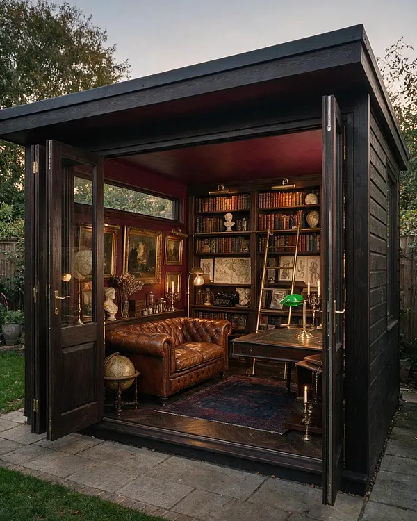 A compact backyard shed styled as a Dark Academia study, with dark wood exterior panels and open French doors revealing a burgundy-lined interior. Inside are built-in bookshelves filled with old books, framed artwork, a brown leather Chesterfield sofa, a writing desk with a green banker’s lamp, and globe and bust decor under warm ambient lighting.