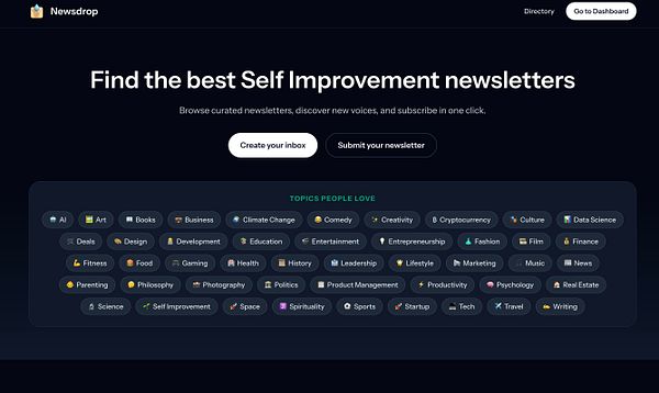 The image displays the Newsdrop platform for discovering self-improvement newsletters.
