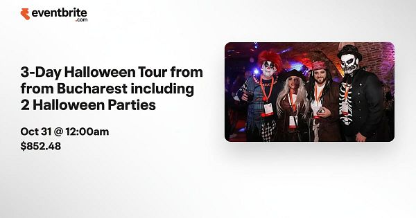 A promotional image for a Halloween event featuring costumed individuals and event details.