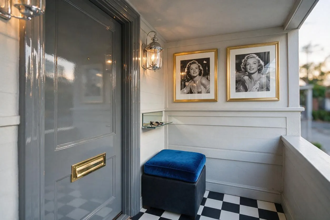 A compact front porch styled in Hollywood Regency fashion with a glossy gray door, brass hardware, a wall lantern, and two framed black-and-white portraits in gold frames. The porch has black-and-white checkered flooring, white paneled walls, and a blue velvet ottoman adding a vivid pop of color.