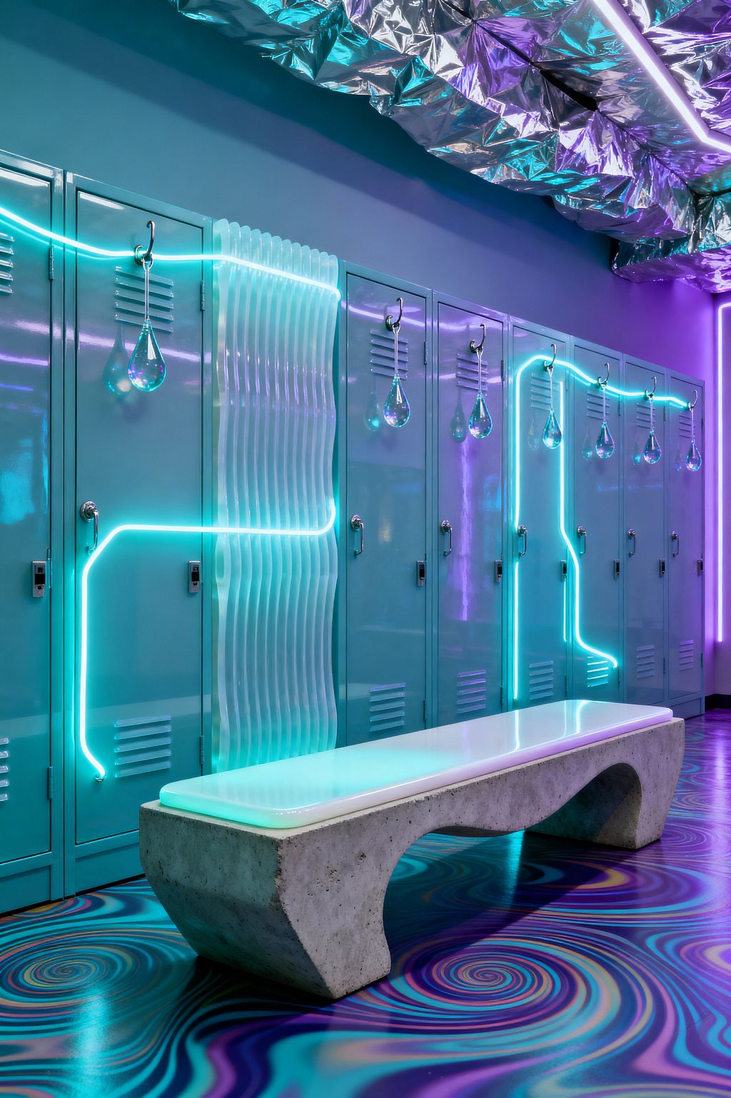 A bold mudroom features glossy teal metal lockers traced by cyan LED tubes and a rippled translucent acrylic panel. Oversize teardrop glass hooks hang from the doors, while a sculptural concrete bench with a white acrylic top sits on a high-gloss floor patterned with swirling aqua, purple, and indigo rings. Above, a crinkled, iridescent foil ceiling and linear LEDs wash the space in neon purple and blue light, creating a futuristic, psychedelic atmosphere.