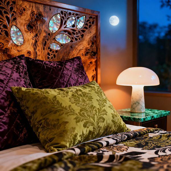 A close-up of a maximalist bedroom shows a carved burl-wood headboard with leaf cutouts and iridescent shell inlays glowing warmly. In front sit quilted plum velvet pillows and an olive green damask cushion over a bold green, black, and cream floral duvet. To the right, a malachite-top nightstand holds a white mushroom lamp with an opaline glass shade and marble base. Warm interior light contrasts with a dark blue window view and a bright moon outside.