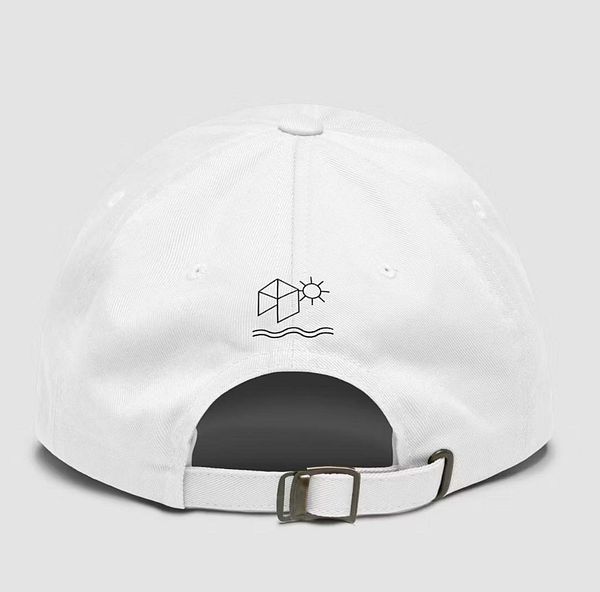 A white baseball cap featuring a minimalist design on the back.