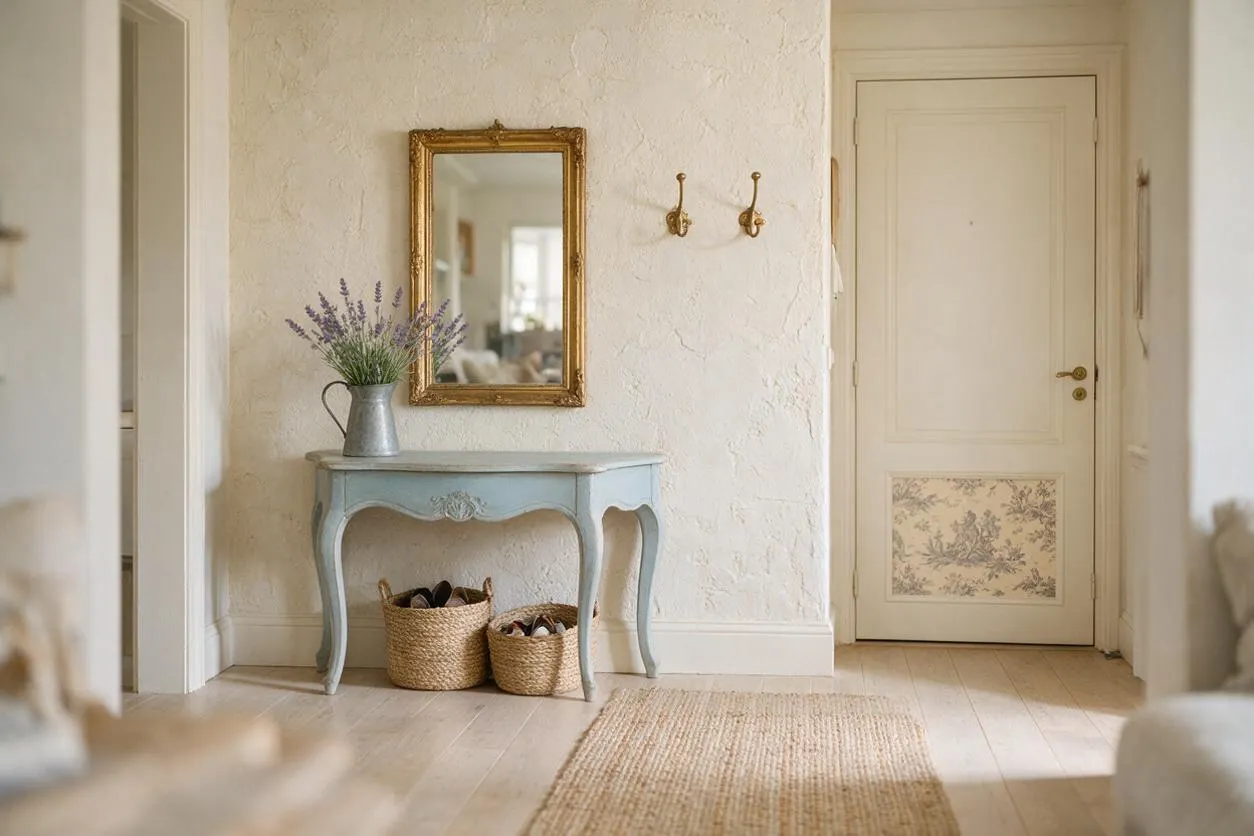 A bright French Country entryway with textured white plaster walls, a distressed pale blue console table, and a gold-framed mirror above it. Woven baskets sit below the table, a jute runner covers the pale wood floor, and a cream door with floral panel detailing adds a soft romantic touch.