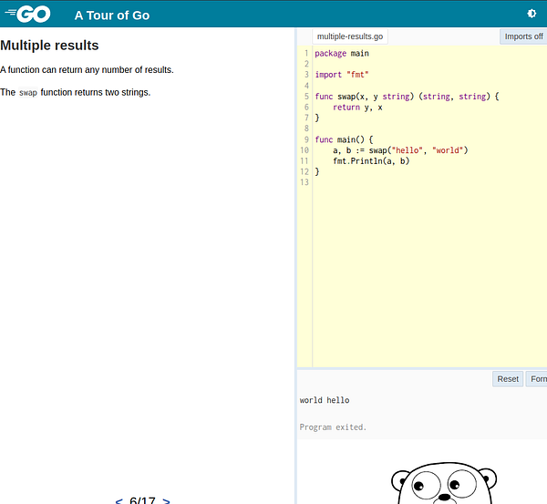 The image displays a coding interface for learning the Go programming language, specifically focusing on a function that returns multiple results.
