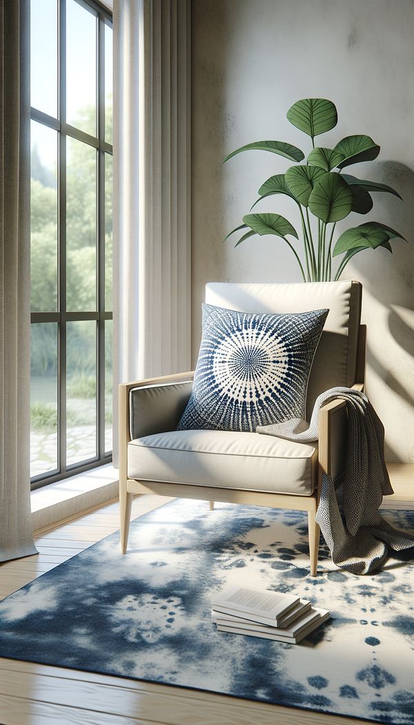 A cozy reading nook with a large window, bathed in natural light. The focal point of the nook is a comfy chair, adorned with a Shibori-patterned throw pillow. The indigo and white patterns of the pillow contrast beautifully against the neutral tones of the room.