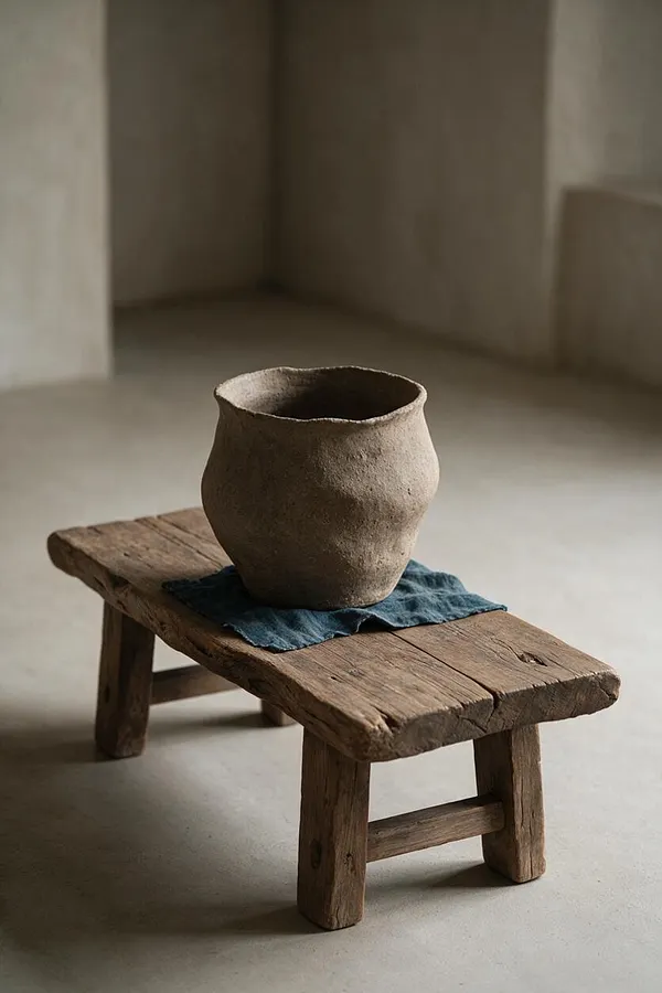 A rustic low wooden stool sits on a pale floor in a softly lit minimal room. On top rests a hand-thrown, uneven clay vessel placed on a dark blue cloth, emphasizing natural textures and imperfection.