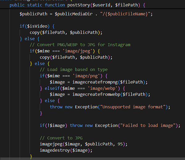 The image displays a code snippet for a PHP function that converts image formats for Instagram compatibility.