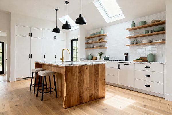 A bright Scandinavian kitchen with flat-panel white cabinets and black pulls, an oak waterfall island topped with gray-veined white marble, and a brass gooseneck faucet with an undermount sink. Three black dome pendants and two skylights light glossy white subway tile walls with open oak shelves styled with sage green ceramics and glassware; wide-plank oak floors, a black-framed door, a gas cooktop, and two beige-upholstered stools complete the space.