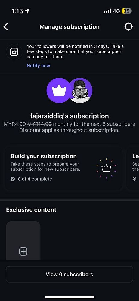 The image displays the Instagram subscription management interface for a user named 'fajarsiddiq'.