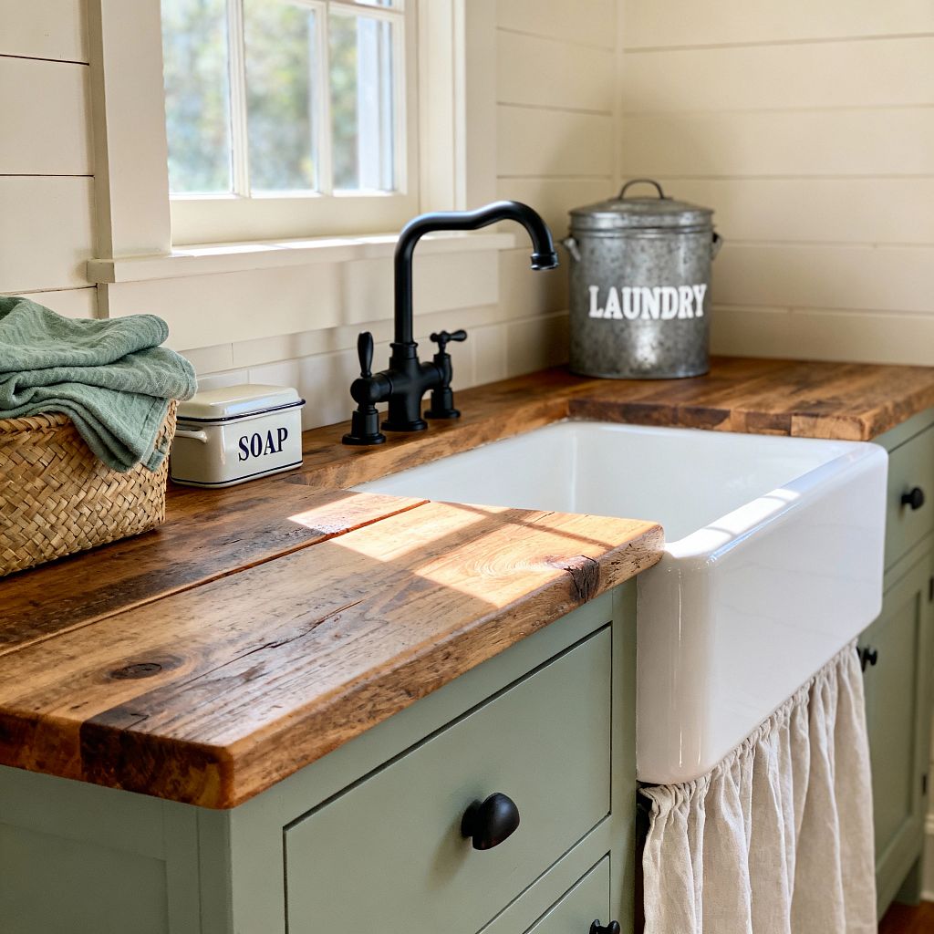 A cozy farmhouse laundry nook with a white apron-front sink beneath a window, set into a thick reclaimed-wood countertop. A matte black bridge faucet stands in front of cream shiplap walls. Sage green shaker cabinets with black knobs sit below, with a natural linen skirt draped under the sink. On the counter are a woven basket holding folded green towels, a white enamel SOAP tin, and a galvanized canister labeled LAUNDRY, all in warm daylight.