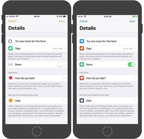 The image displays two smartphone screens showing a task details interface for a to-do application.