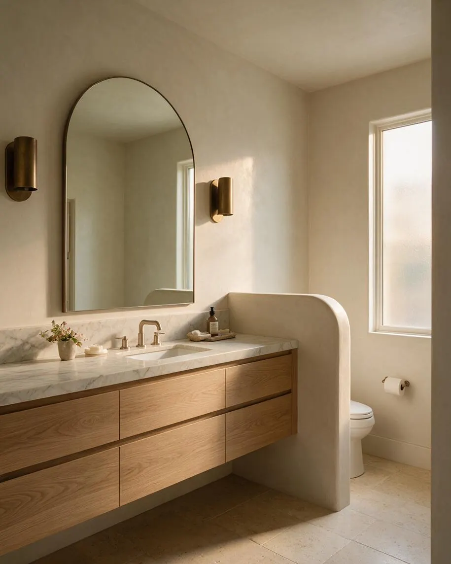 A serene powder room with a floating oak vanity, marble countertop, arched mirror, and brass wall sconces. Soft beige walls, a rounded privacy partition, and a frosted window create a calm organic modern atmosphere.