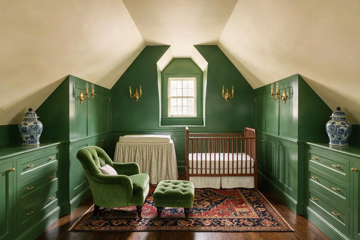 A traditional nursery in a sloped-ceiling room with deep green paneled walls and cream ceiling. The space includes a wooden crib, a draped changing table, a green velvet armchair and ottoman, brass wall sconces, blue-and-white ginger jars, and a patterned Persian-style rug over dark wood floors.