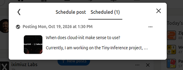 A user interface panel showing a scheduled social media post with its date, time, an image thumbnail, and partial post text.