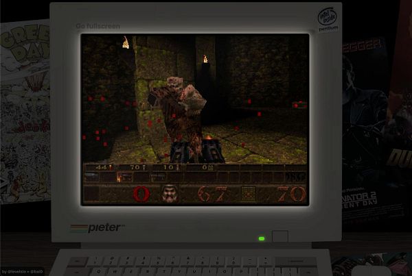 A retro computer screen displays a scene from a classic video game featuring a character in a dark, dungeon-like environment.