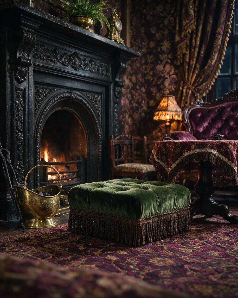 A richly decorated Victorian parlor with a black carved fireplace, a glowing fire, deep floral wallpaper, and heavy patterned drapes. A green velvet fringe ottoman sits on a purple-toned carpet, with a tufted burgundy chair, a brass coal scuttle, and a warm table lamp creating a dark, intimate atmosphere.