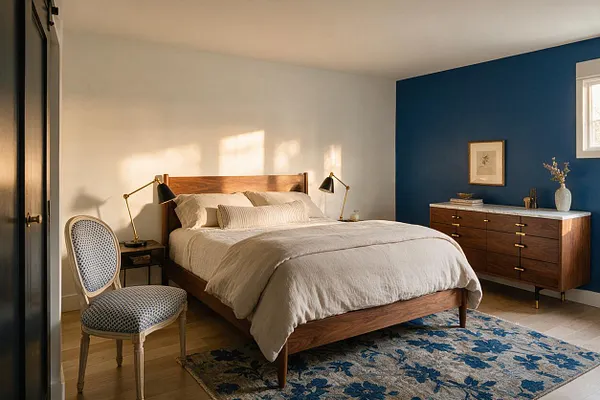 A master bedroom with a walnut wood bed centered on a patterned blue rug, paired with brass reading lamps, a woven upholstered accent chair, and a midcentury-style dresser with a white top. One wall is painted deep navy while the others are warm white, creating a calm but colorful eclectic look.