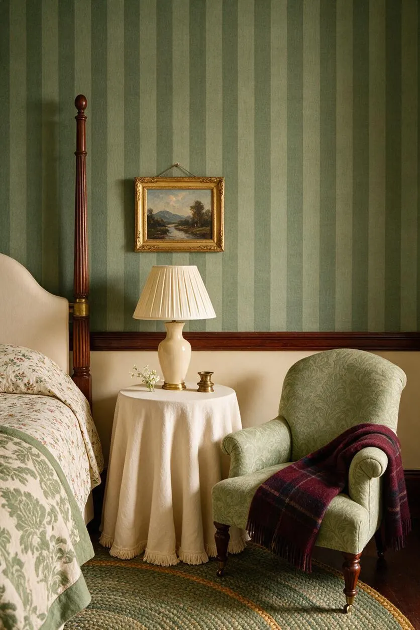 A traditional bedroom vignette with green vertical striped wallpaper, a carved wood four-poster bed, and floral bedding. A cream-covered round side table with a ceramic lamp sits beside a pale green upholstered armchair draped with a burgundy plaid throw.