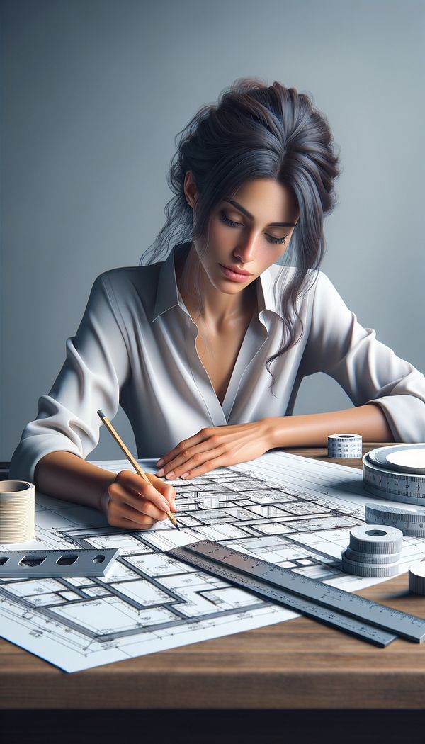An illustration of an interior designer working on a scaled floor plan, with various architectural scales and a ruler visible on the table.