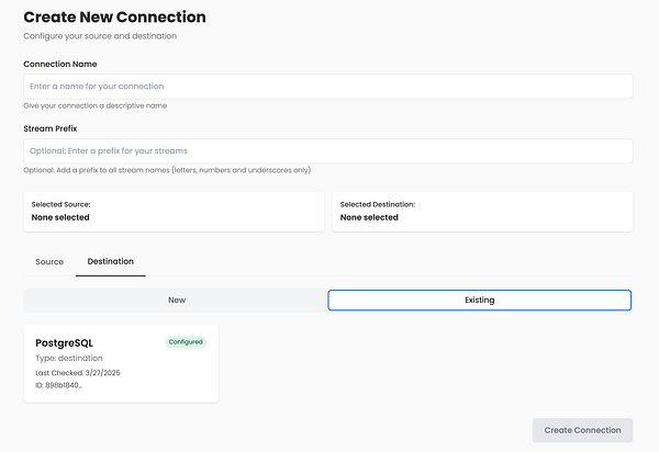The image displays a user interface for creating a new connection in a data management application.