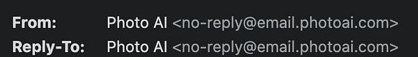 The image displays an email header showing the sender and reply-to addresses for Photo AI.