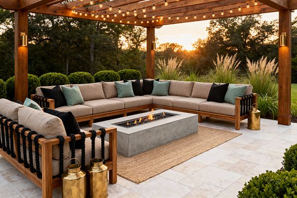An outdoor patio framed by a cedar pergola strung with warm globe lights features an L-shaped wood sectional with taupe cushions, black rope arms, and black and seafoam throw pillows. A rectangular concrete fire pit rests on a jute rug over light travertine pavers, with brass lanterns and matching wall sconces adding glow; manicured boxwoods and tall ornamental grasses border the space as the sun sets behind the trees.