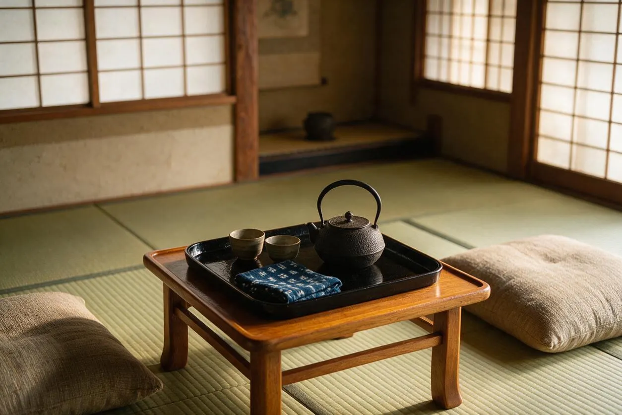 A low wooden tea table sits on tatami mats in a traditional Japanese room, with a black tray holding a cast-iron teapot, small cups, and a folded blue cloth. Soft floor cushions and shoji screens create a calm, minimalist Zen atmosphere.