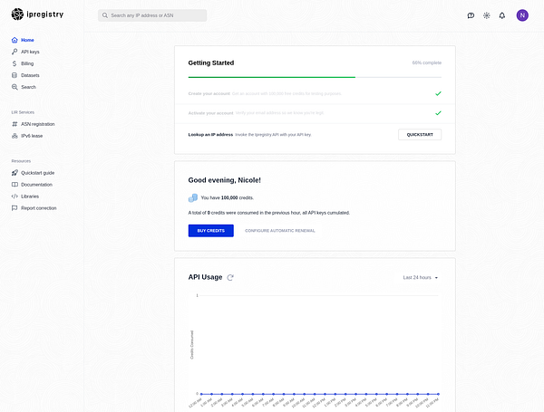 Dark theme dashboard interface displaying a world map, statistical cards, filter options, and logo for IP Registry.