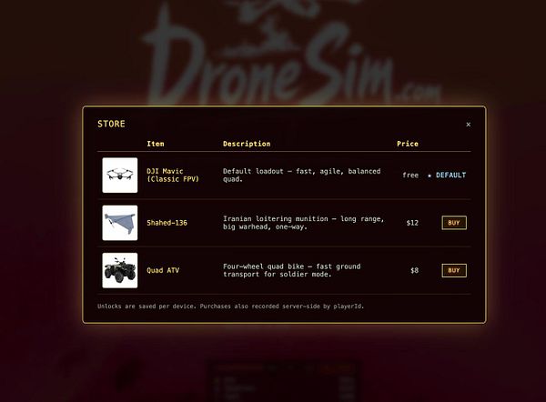 Screenshot of a Drone Sim game store interface featuring drone characters, skins, and in-game currency details.