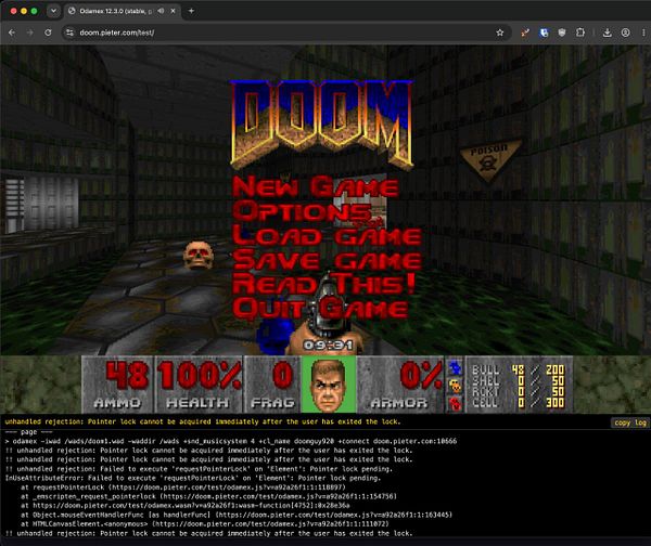 Browser-based DOOM game running with main menu displayed and console log showing pointer lock errors.