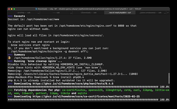 A terminal window displaying the installation process for Nginx and PHP 8.4 on a local machine.