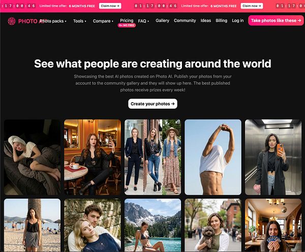 Website page design mockup for photoai.com/community showcasing a user photo gallery and navigation options.