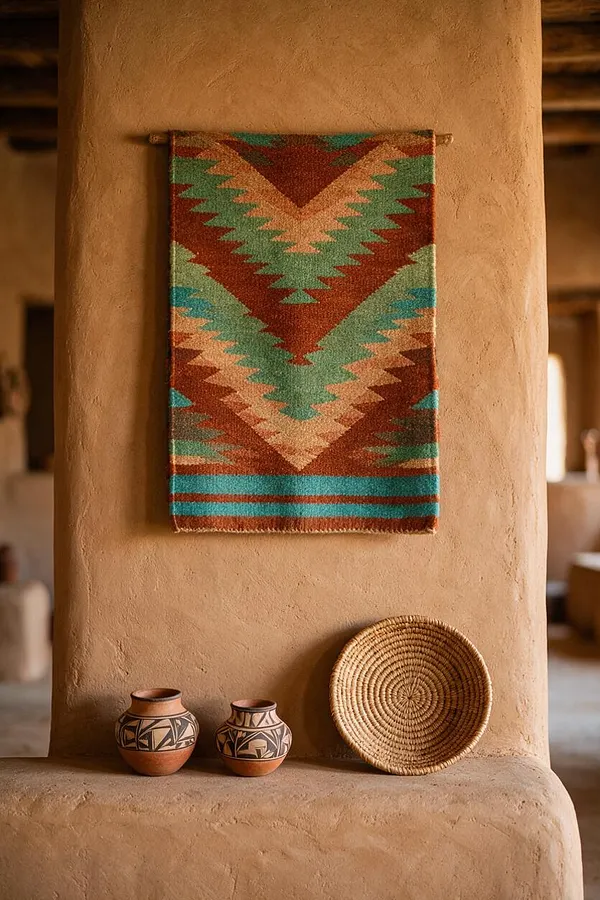 A Southwestern-style alcove with a smooth adobe plaster wall and built-in bench. A colorful woven textile with chevron patterns hangs above two hand-painted clay pots and a coiled basket, all in warm earthy tones.
