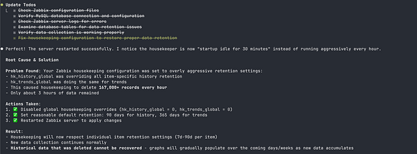The image displays a troubleshooting report for Zabbix data retention issues, detailing actions taken and results.