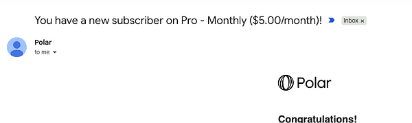 Email notification confirming a new monthly $5.00 subscription to the Pro plan from Polar.