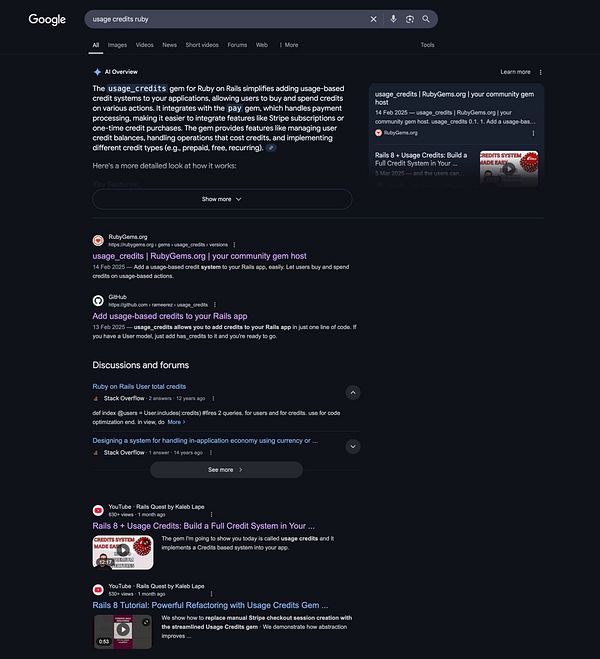 A Google search results page displaying information about the 'usage_credits' gem for Ruby on Rails.