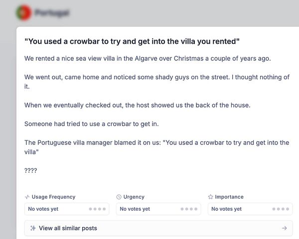A task post detailing a humorous incident involving a crowbar at a villa in Algarve, Portugal.