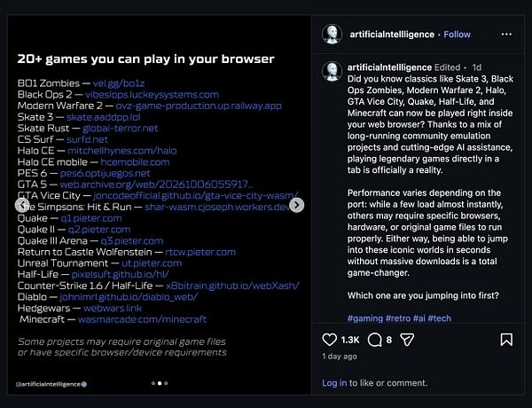 A social media post listing over 20 classic games playable in web browsers with URLs and details about web-based game ports.