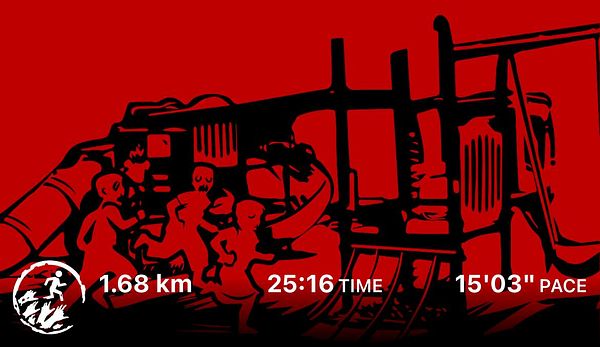 The image displays a running statistics screen from the Zombies, Run! app with a red background and silhouettes of runners.