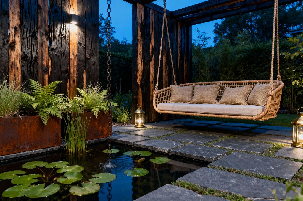 At dusk, a patio with a charred-wood pergola features a woven rattan swing sofa suspended by thick ropes. Slate stepping stones cross a shallow rectangular pond with lily pads and reeds, while corten steel planters hold ferns and grasses. Brass lanterns and a wall sconce cast warm light on the blackened timber, and a rain chain drips into the water, creating a tranquil, nature-centered seating area.
