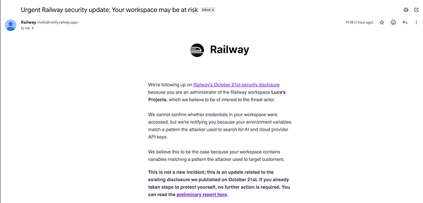 Email from Railway notifying about a potential security risk to a workspace's credentials.