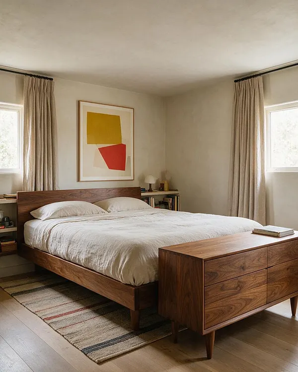 A mid-century modern master bedroom with a low walnut bed, white bedding, and a matching wood dresser at the foot of the bed. Beige curtains frame two small windows, and an abstract framed artwork with yellow and red shapes hangs above the headboard. The room has a soft neutral palette, light wood floors, and a woven striped rug.