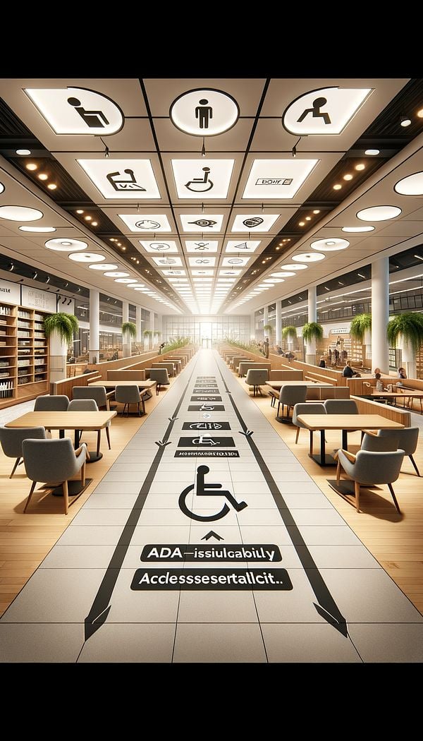 An image showing a beautifully designed public space that incorporates ADA guidelines, such as wide aisles, accessible seating areas, and visible, easy-to-read signage.