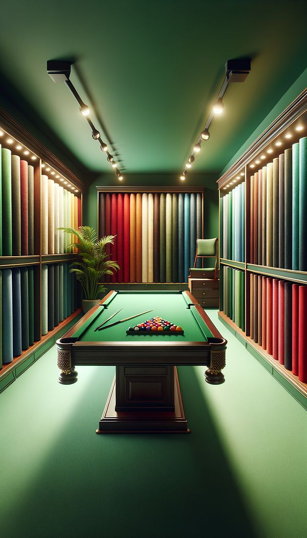 A well-lit interior design studio showcasing samples of baize in traditional hues of green, red, and blue, along with a gaming table covered in dark green baize.