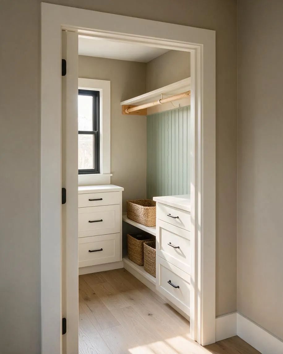 A bright farmhouse-style closet seen through a white-trimmed doorway, with white built-in drawers, open shelving holding woven baskets, a wooden hanging rod, and pale mint beadboard backing. Light wood flooring and a black-framed window add contrast and natural light.